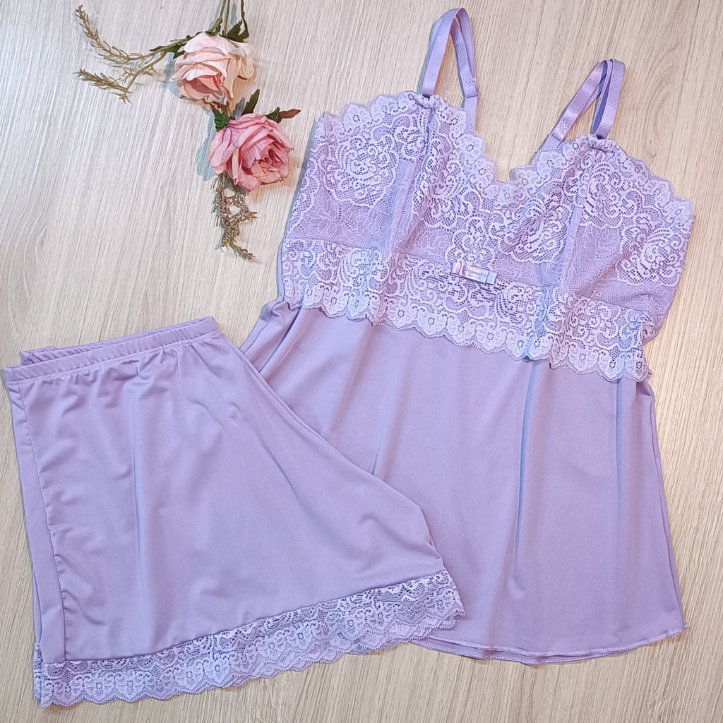 Baby Doll Microfibra com Renda - Lilás