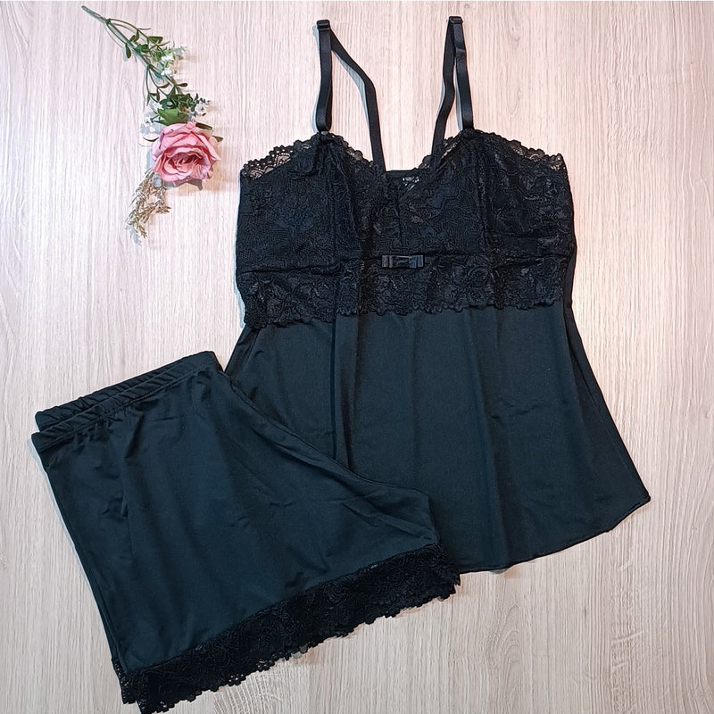 Baby Doll Microfibra com Renda - Preto