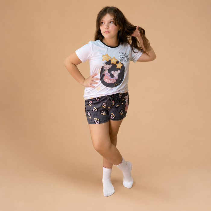 Pijama Infantil Curto Camiseta Manga Curta e Shorts Estampa Personalizada Ratinhas Luna & Mimi