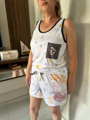 Pijama Feminino Regata e Short Estampa Personalizada Ratinhas Luna & Mimi
