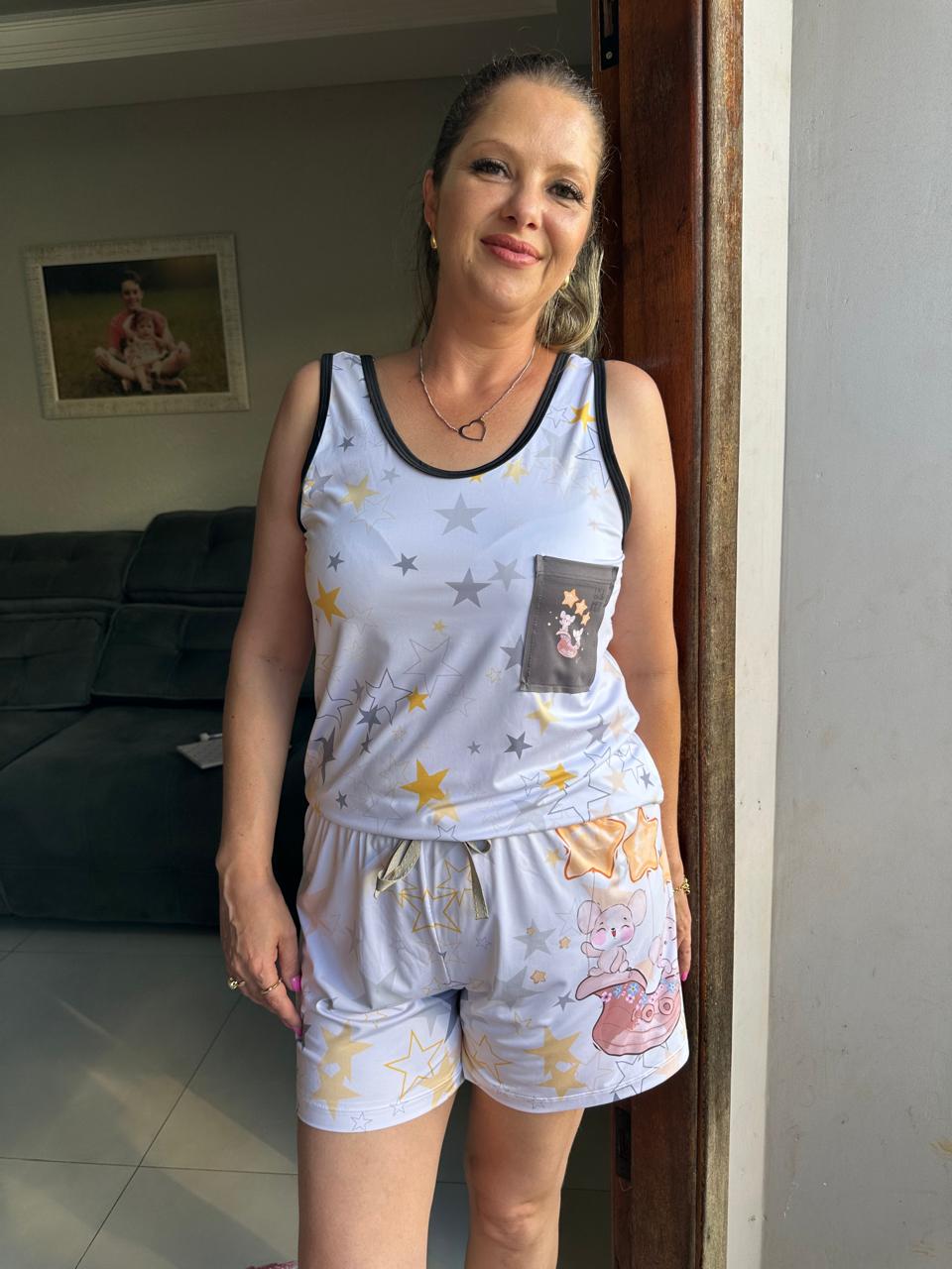 Pijama Feminino Regata e Short Estampa Personalizada Ratinhas Luna & Mimi