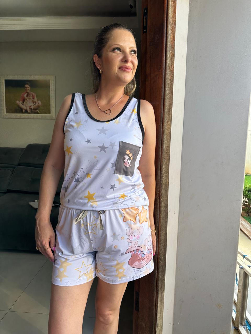 Pijama Feminino Regata e Short Estampa Personalizada Ratinhas Luna & Mimi