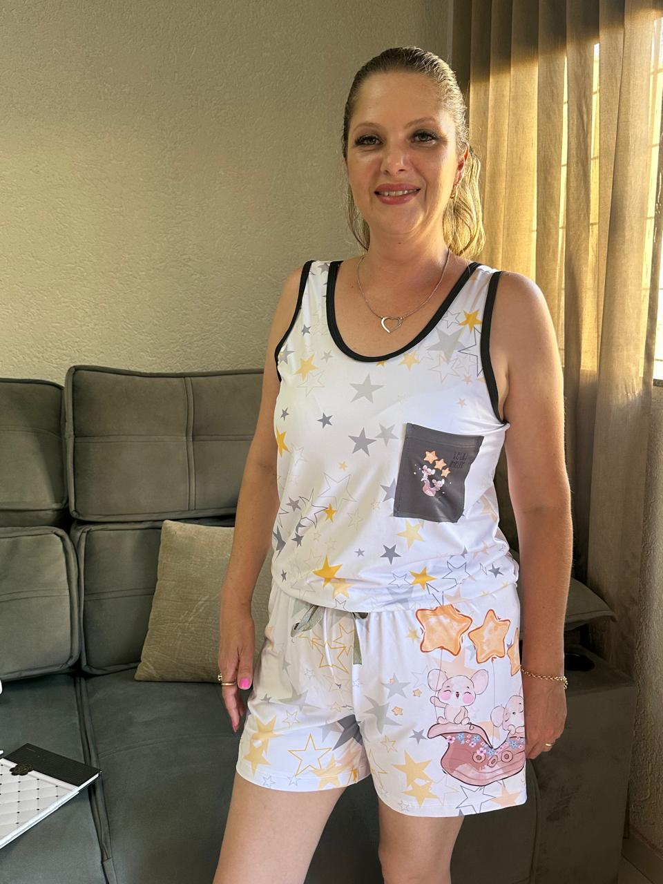 Pijama Feminino Regata e Short Estampa Personalizada Ratinhas Luna & Mimi
