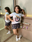 Pijama Infantil Curto Camiseta Manga Curta e Shorts Estampa Personalizada Ratinhas Luna & Mimi