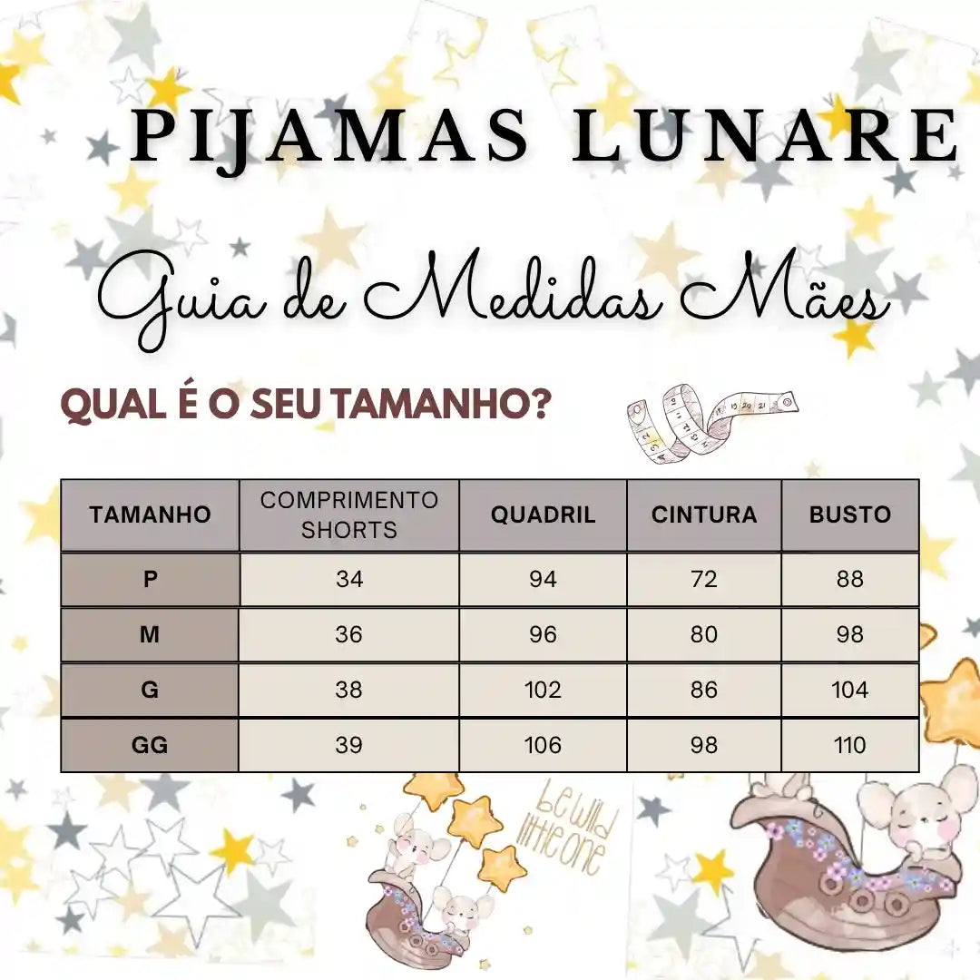 Pijama Curto Feminino Camiseta Manga Curta e Shorts Estampa Personalizada Luna & Mimi Ratinhas Mágicas