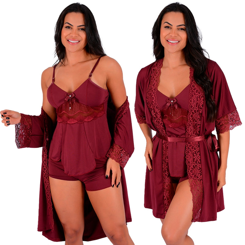 Kit Robe + Short Doll com Renda - Vinho