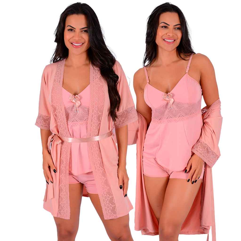 Kit Robe + Short Doll com Renda - Rosa
