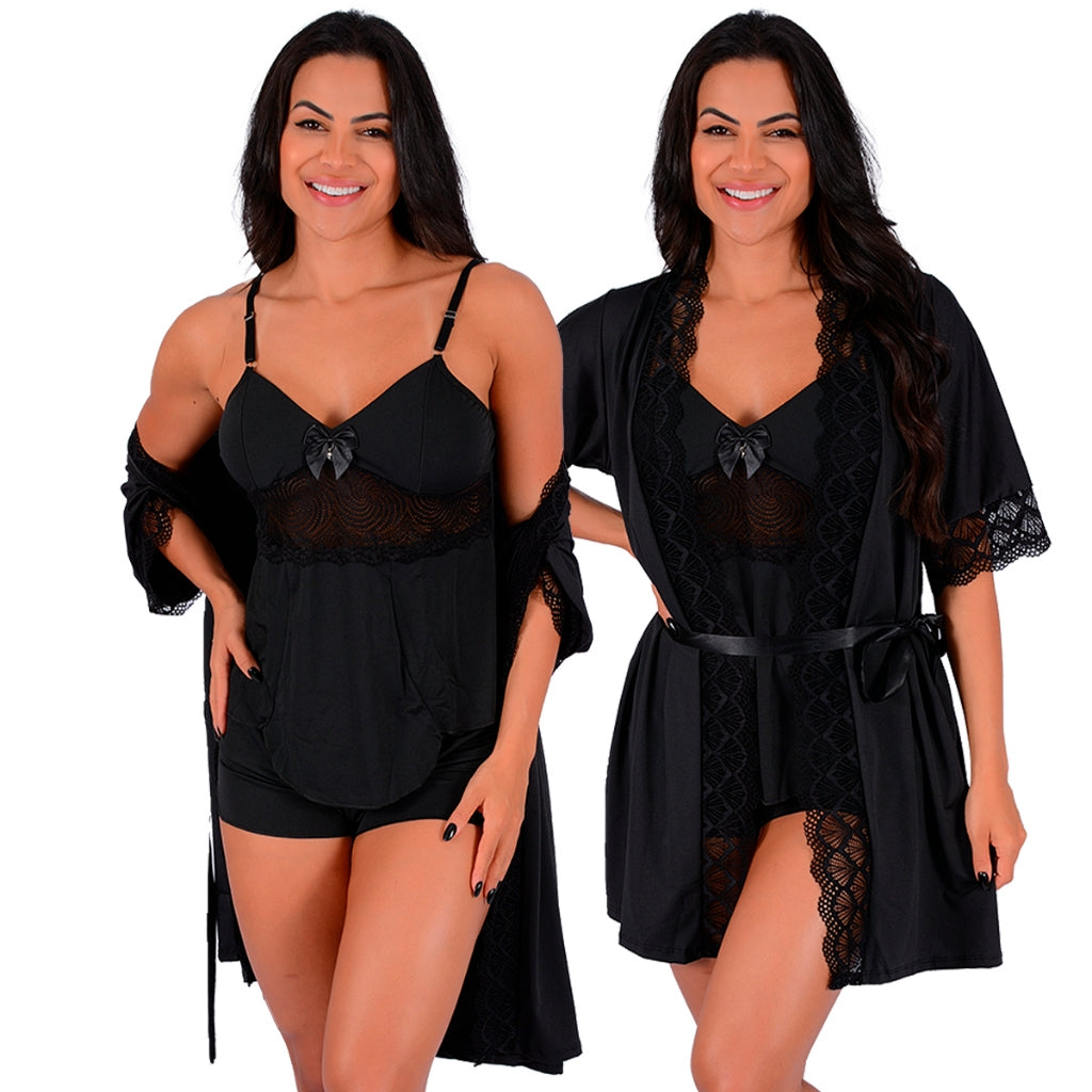 Kit Robe + Short Doll com Renda - Preto