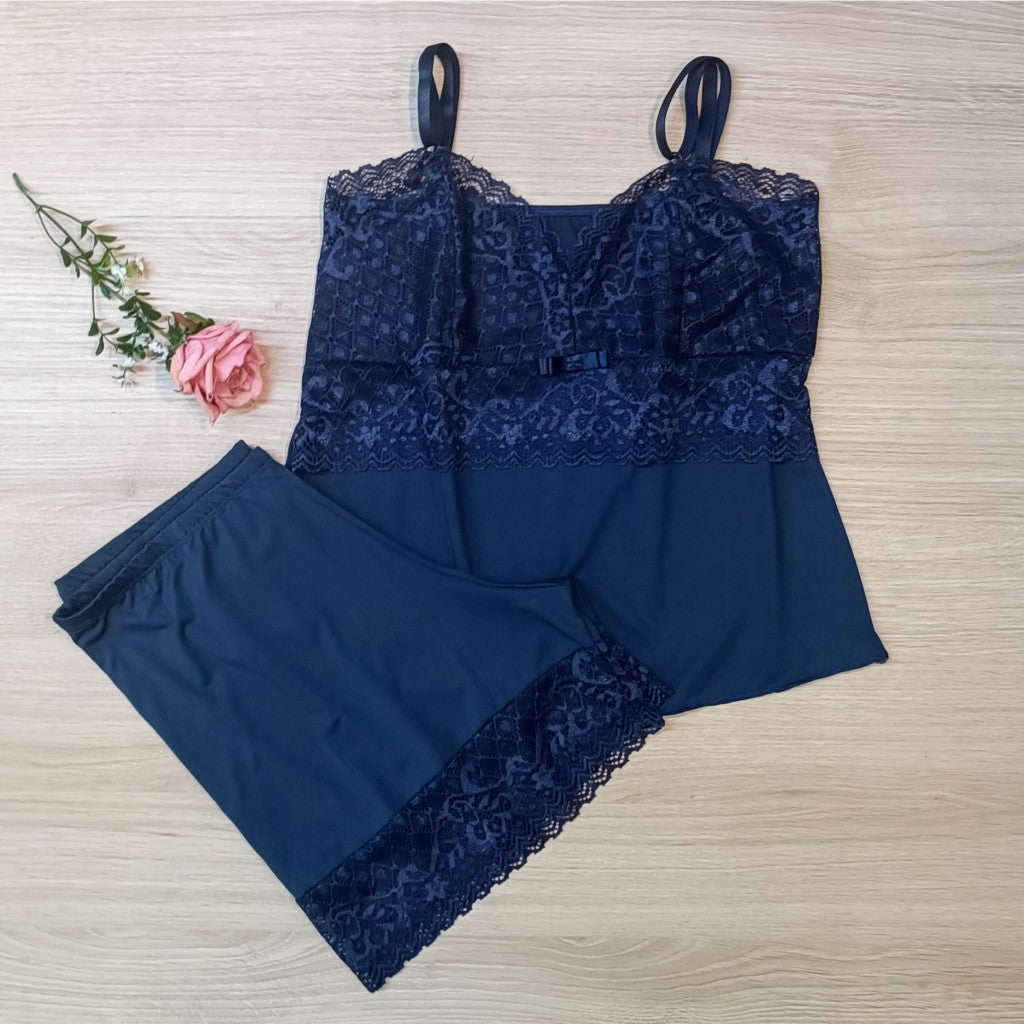 Baby Doll Microfibra com Renda - Marinho