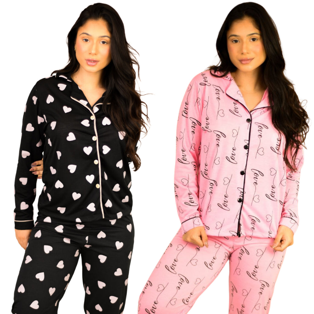 Kit 2 Pijamas Americanos Femininos - Preto e Rosa