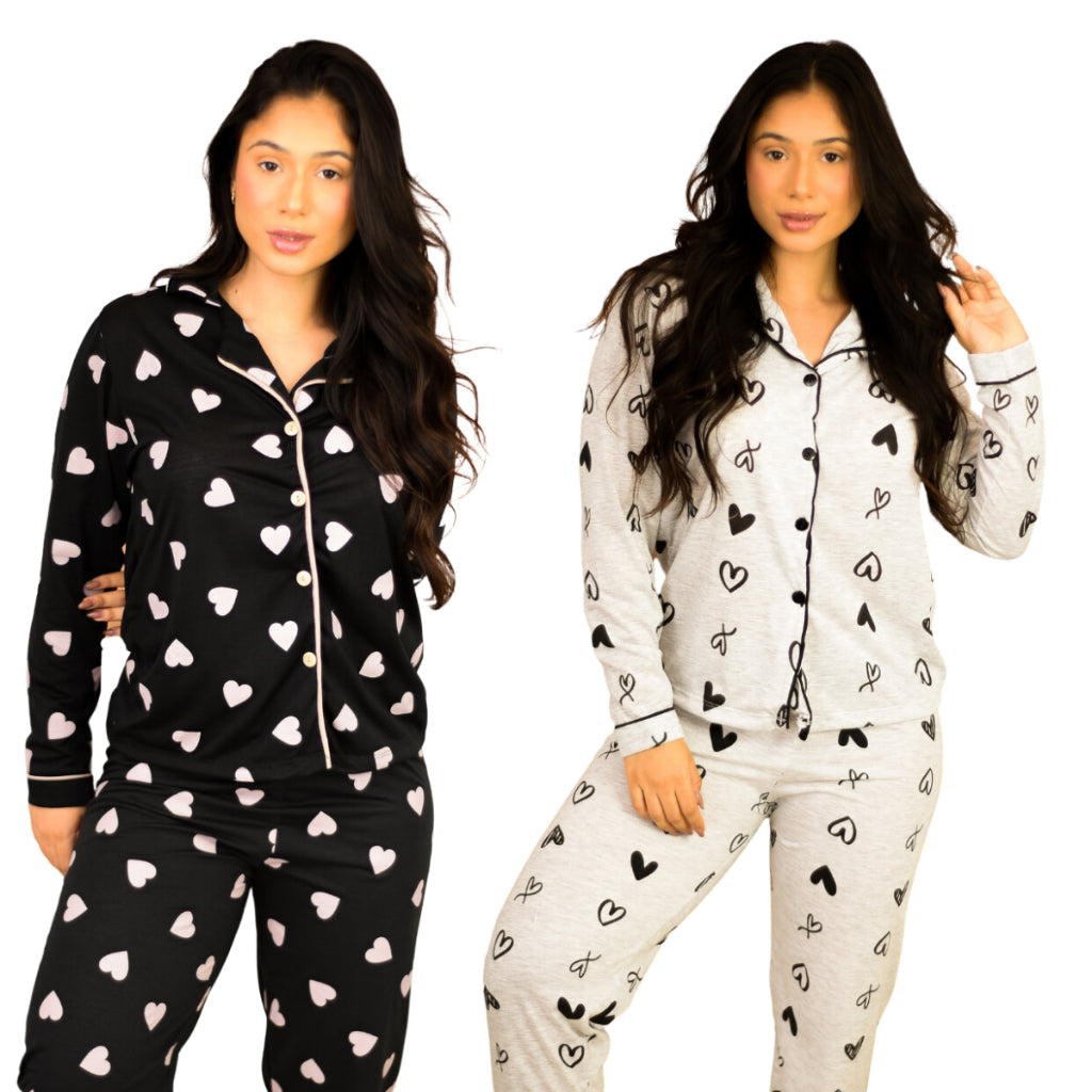 Kit 2 Pijamas Americanos Femininos - Preto e Cinza