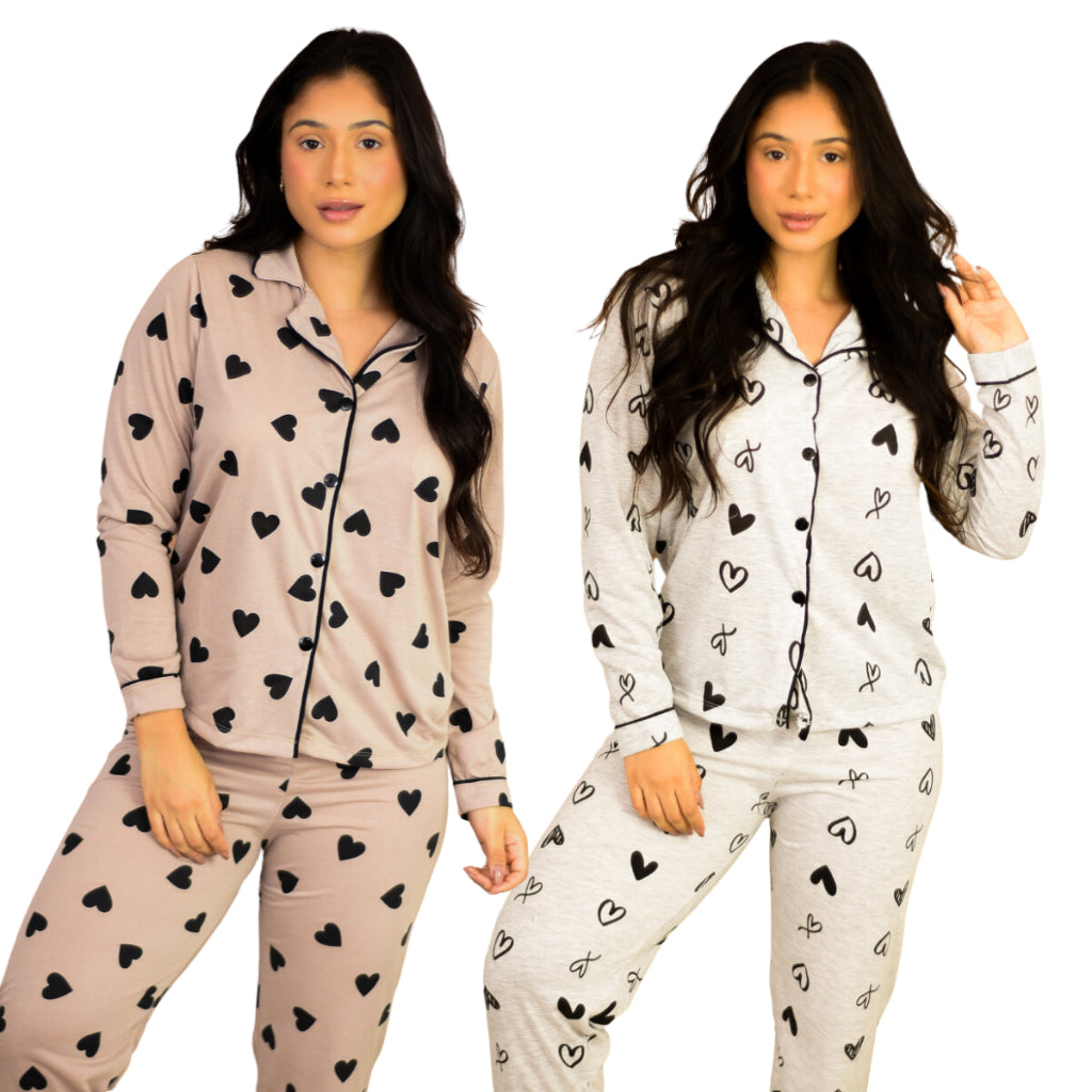 Kit 2 Pijamas Americanos Femininos - Bege e Cinza