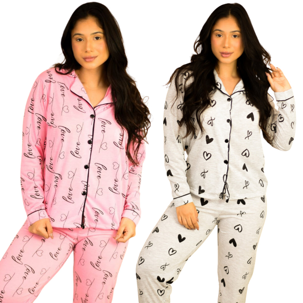 Kit 2 Pijamas Americanos Femininos - Rosa e Cinza