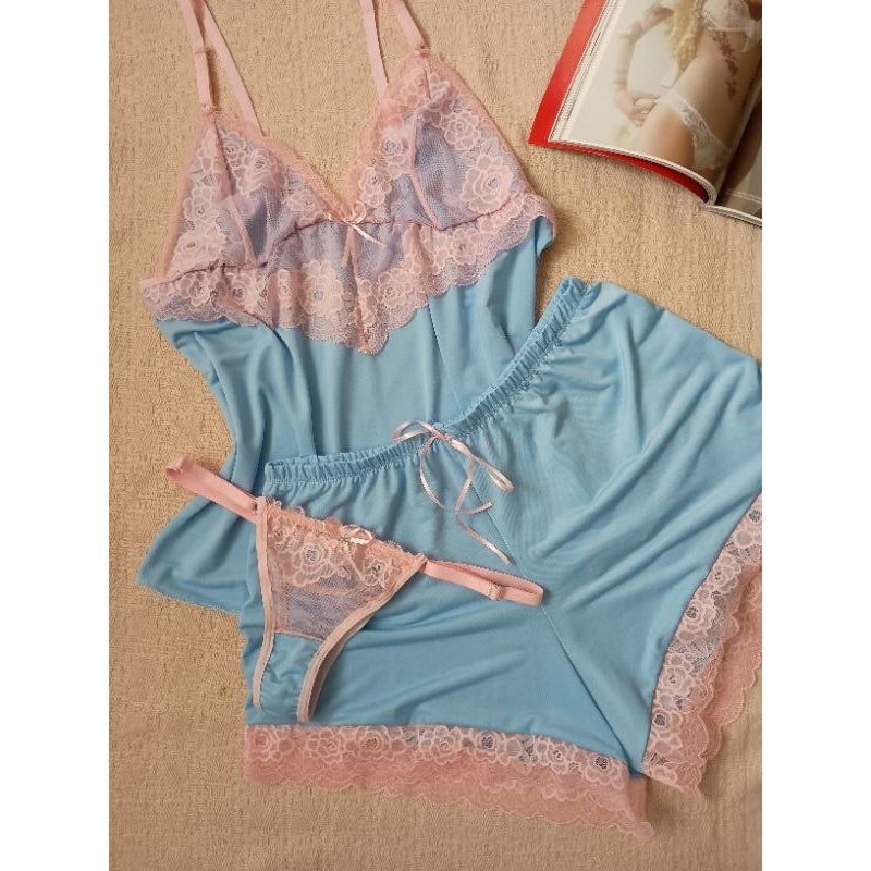 Short Doll 3 Peças com Renda - Azul & Rosé