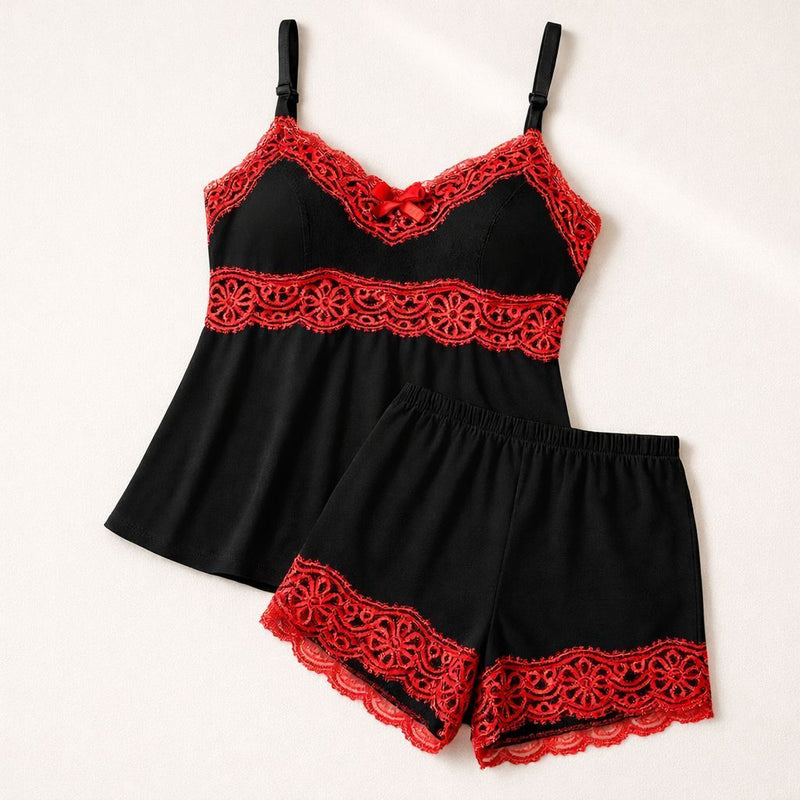 Baby Doll Renda Bicolor com Alça Ajustável - Preto & Vermelho