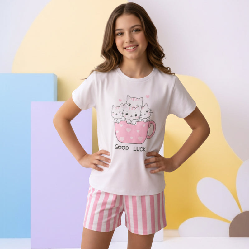 Pijama Infantil Estampado Manga Curta - Gatinhos Rosa