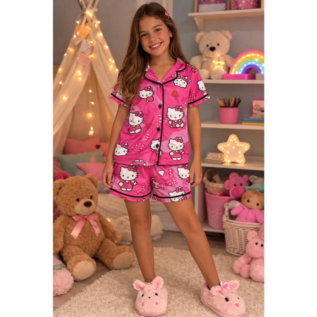 Pijama Americano Infantil Short Doll - Hello Kitty Pink