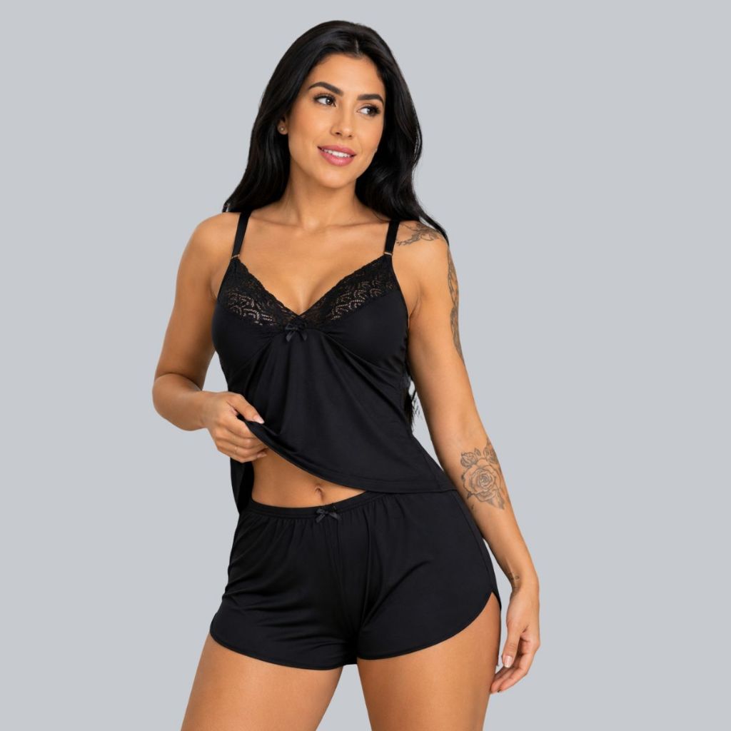 Baby Doll Feminino com Renda - Preto