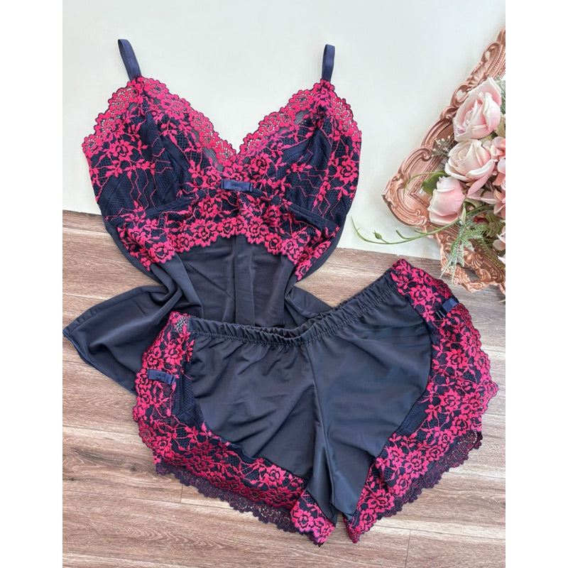 Baby Doll Safira Renda Bicolor - Azul-Marinho & Pink