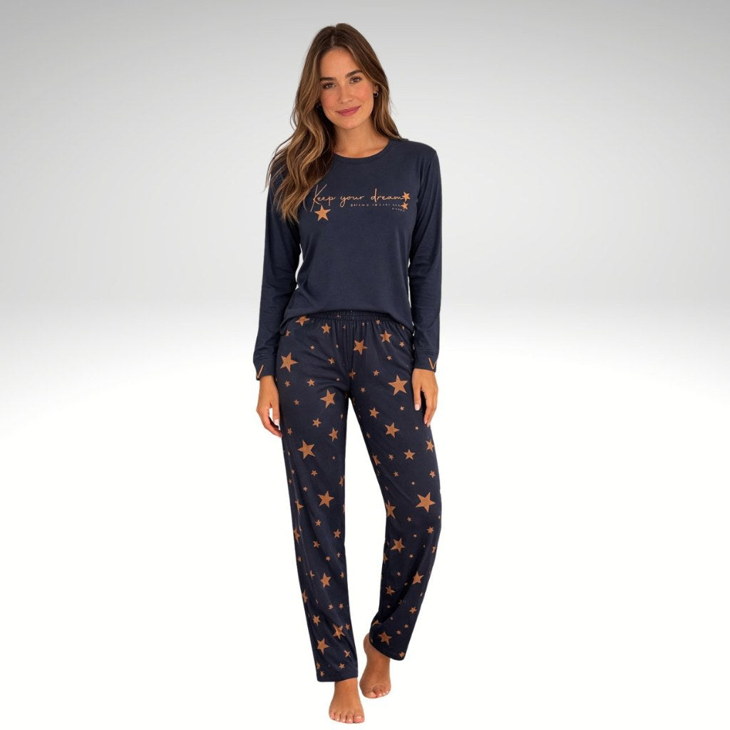 Pijama Feminino Longo Estampado - Azul Estrelas