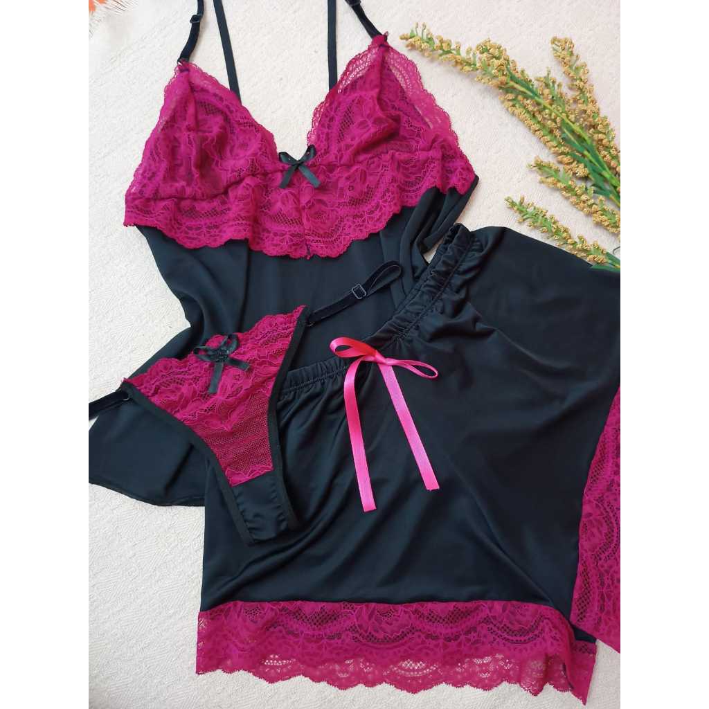 Short Doll 3 Peças com Renda - Preto & Pink