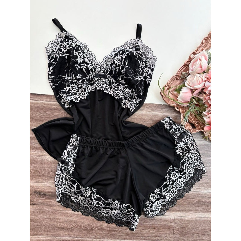Baby Doll Safira Renda Bicolor - Preto & Branco