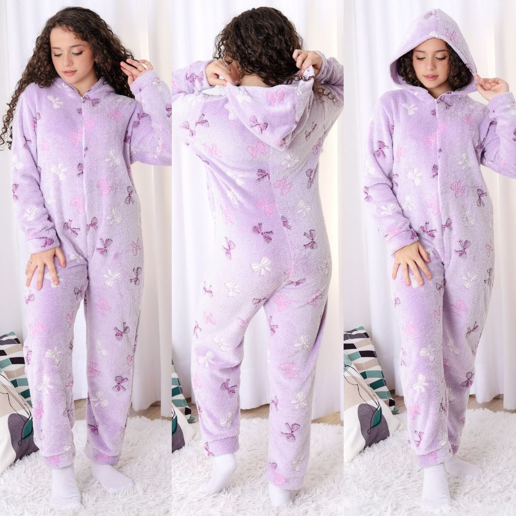 Macacão Infantil Ultra Soft com Capuz - Lavanda Borboletas