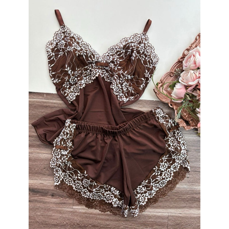 Baby Doll Safira Renda Bicolor - Chocolate & Branco