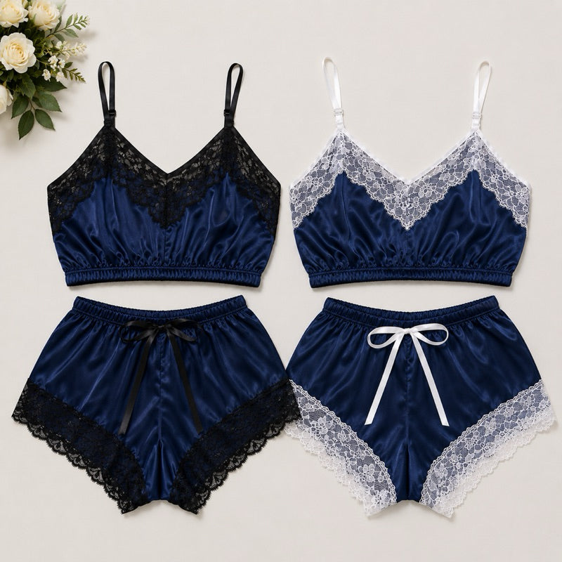 Baby Doll Cetim com Renda - Marinho & Branco