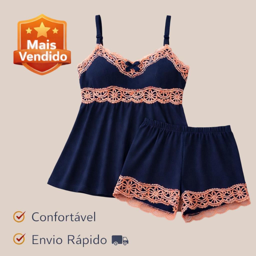 Baby Doll Renda Bicolor com Alça Ajustável - Marinho & Rosé