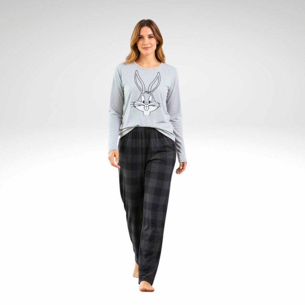 Pijama Feminino Longo Estampado - Cinza Pernalonga