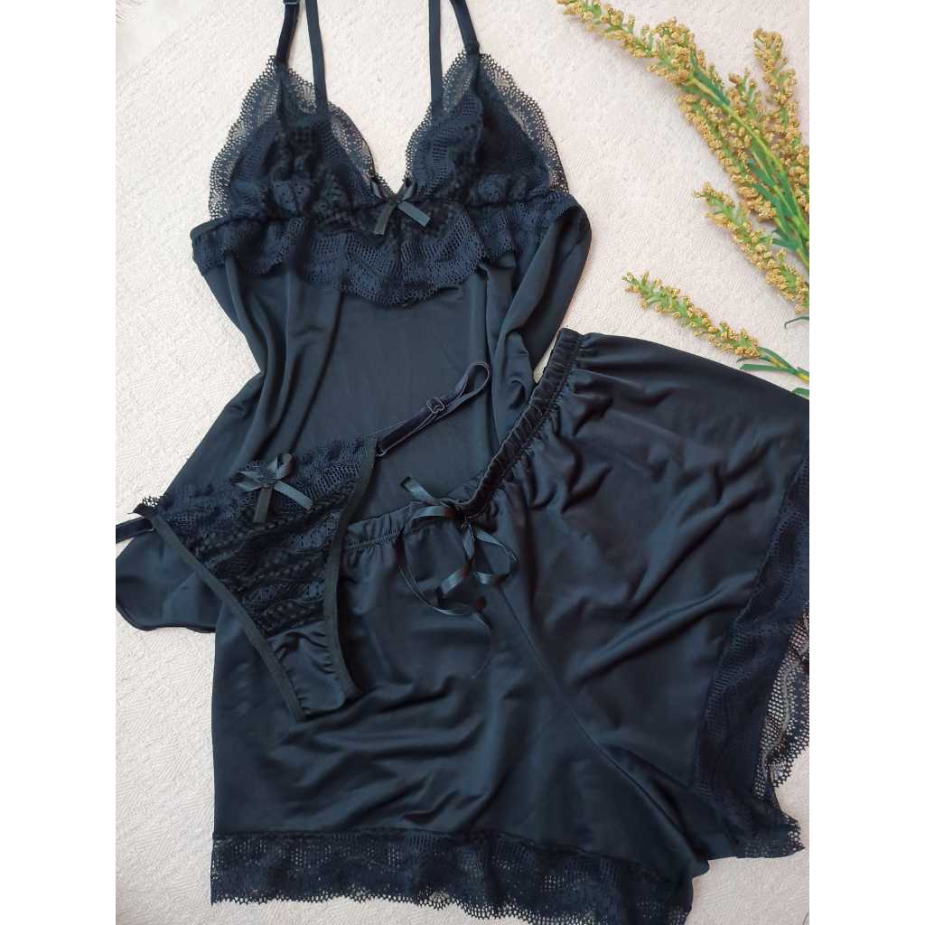 Short Doll 3 Peças com Renda - Preto