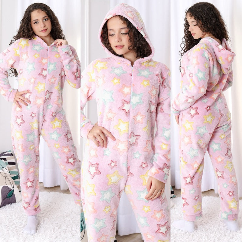 Macacão Infantil Ultra Soft com Capuz - Rosa Estrelas