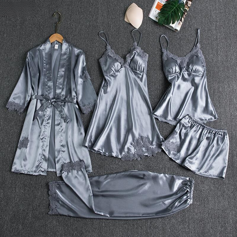 Kit 5 Peças Cetim com Robe - Cinza
