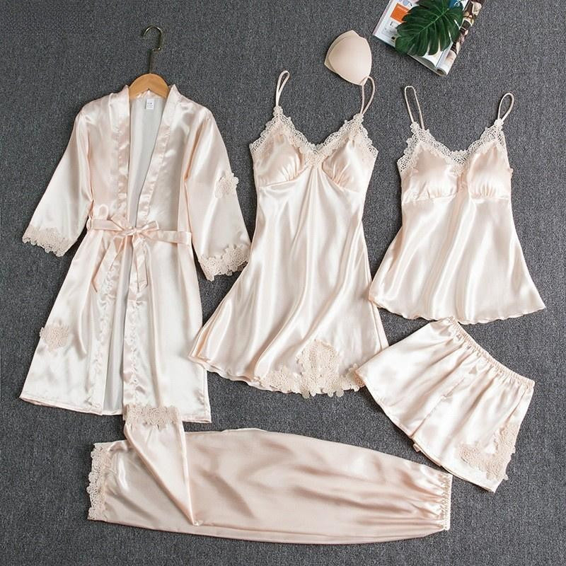 Kit 5 Peças Cetim com Robe - Champagne