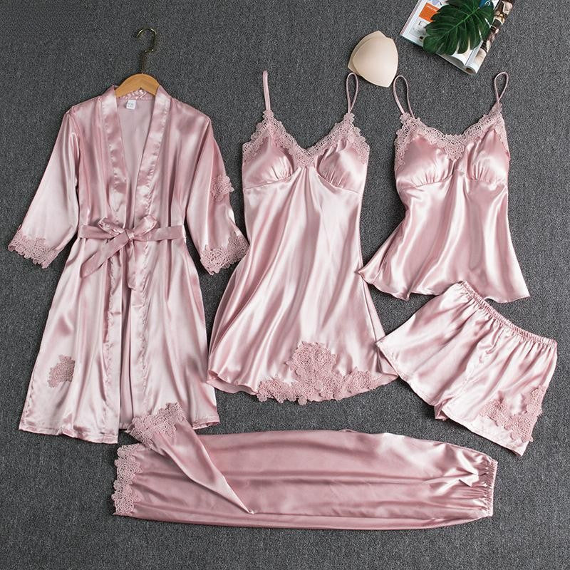 Kit 5 Peças Cetim com Robe - Rosa